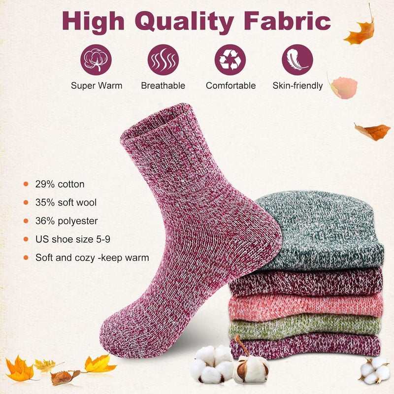 Lisacool 5 Pairs Womens Wool Socks - Winter Warm Socks - Thick Thermal Knit Vintage Cozy Crew Soft Gifts for Women - Image 3